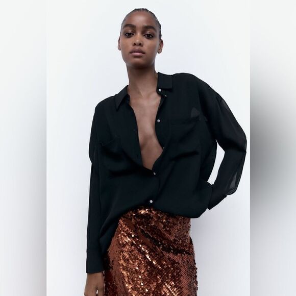 ZARA OVERSIZED RHINESTONE BUTTON SHIRT - Picture 1 of 5